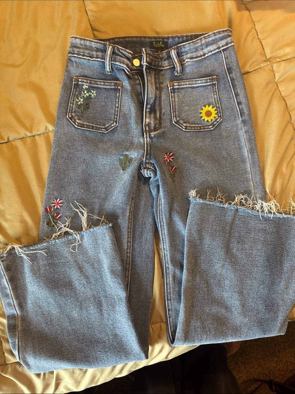 Kids Blue Embroidered Frayed Hem Jeans